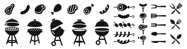 Conjunto de iconos de barbacoa Iconos de parrilla de barbacoa Símbolos de picnic de barbacoa Iconos de vector de estilo silueta