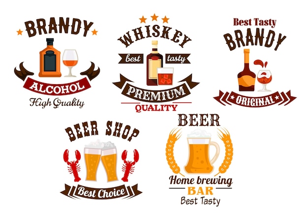Vector conjunto de iconos de barra cerveza whisky brandy alcohol iconos
