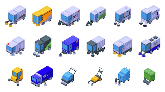 Conjunto de iconos de barredora camión de calle vector isométrica