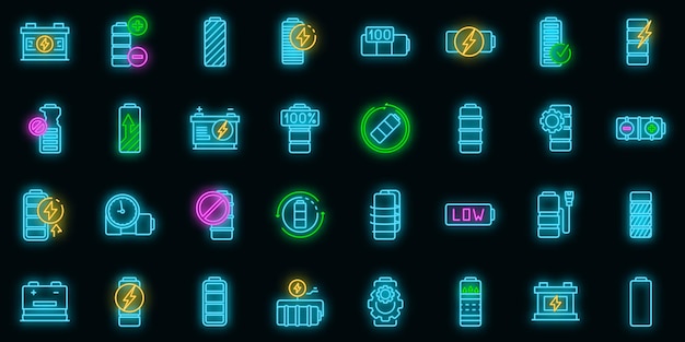 Conjunto de iconos de batería. esquema conjunto de iconos de vector de batería color neón en negro