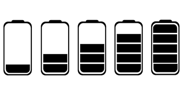 Conjunto de iconos de batería que indican diferentes niveles de carga desde vacío hasta lleno