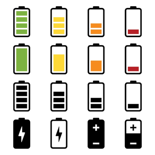Conjunto de iconos de batería sobre fondo blanco.