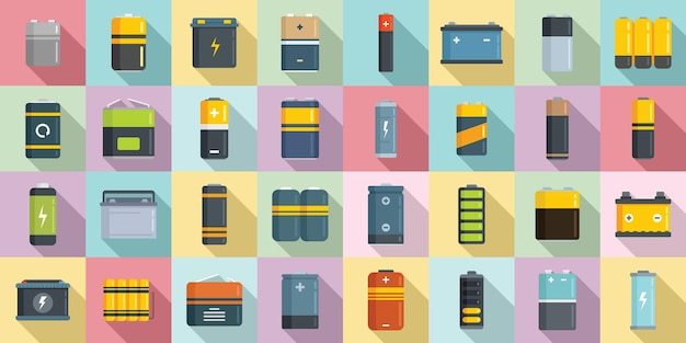 Conjunto de iconos de batería vector plano. Pila de litio. Recarga la batería