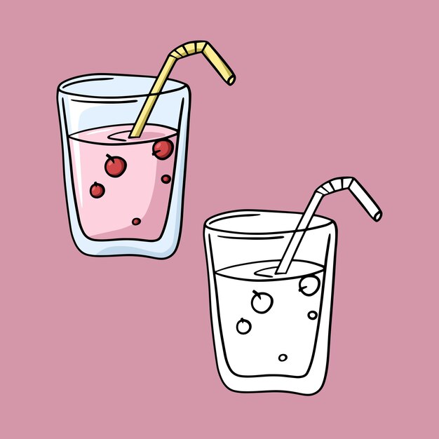 Un conjunto de iconos batido rosa con bayas en una caricatura vectorial de vidrio