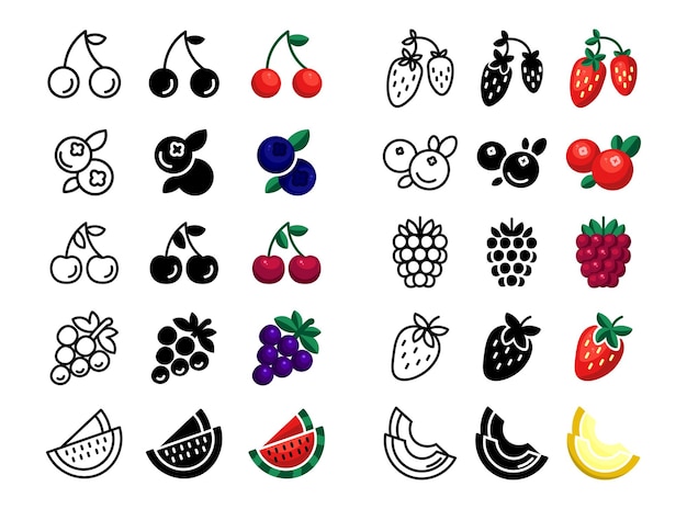 Conjunto de iconos de bayas y frutas Pictograma de verano Signo de fresa y frambuesa Símbolo de melón y sandía