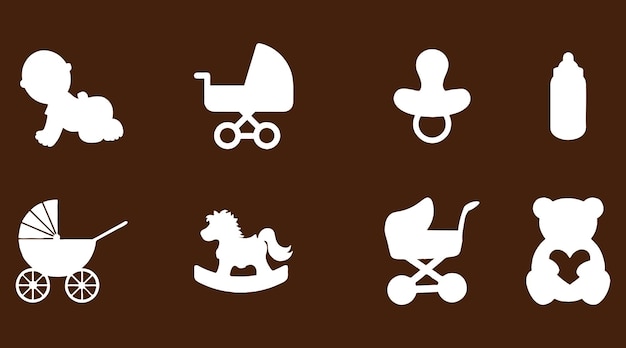 Conjunto de iconos para bebés, cochecito, chupete, juguete de botella de peluche