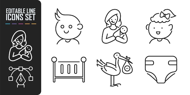 Conjunto de iconos de bebés Incluye iconos como recién nacidos, bebés, niños, padres y más