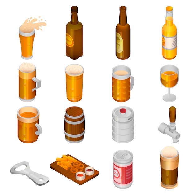 Conjunto de iconos de bebida de cerveza. Conjunto isométrico de iconos de vector de bebida de cerveza para diseño web aislado sobre fondo blanco