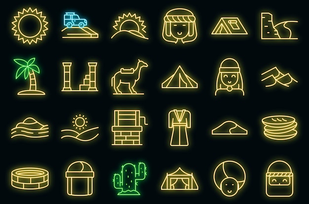 Conjunto de iconos de beduinos contorno vector desierto árabe vector neón