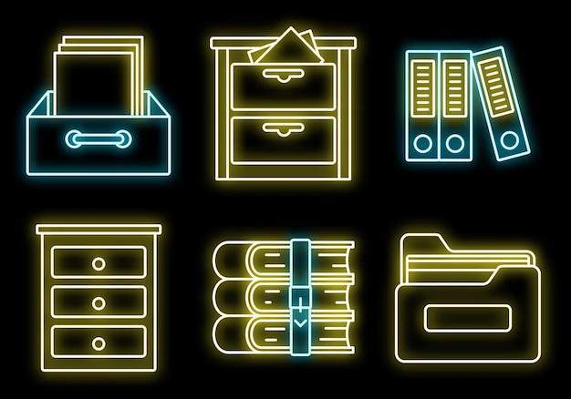 Conjunto de iconos de biblioteca de archivo Conjunto general de iconos vectoriales de biblioteca de archivos color neón en negro