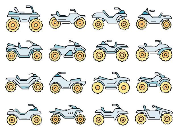 Conjunto de iconos de bicicletas quad deportivas Conjunto general de iconos vectoriales de bicicleta quad deportiva Color de línea delgada plano en blanco