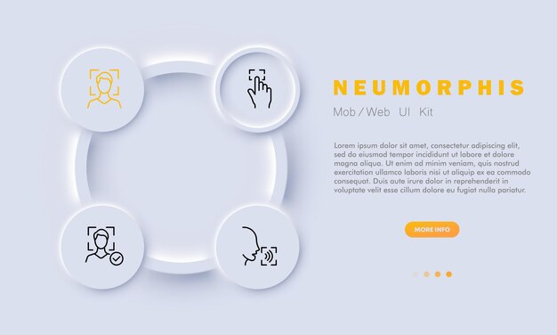 Vector conjunto de íconos biométricos altura huellas dactilares identificación del pasaporte control facial huellas digitales reconocimiento facial estilo neomorfismo icono de línea vectorial para negocios y publicidad