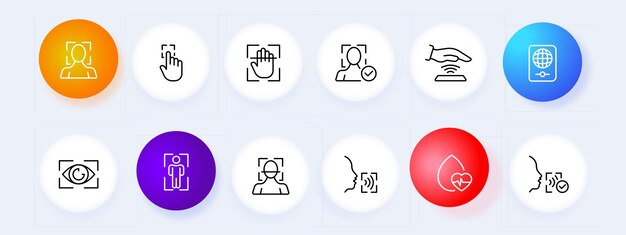 Conjunto de iconos biométricos Escáner de control de voz huella dactilar mano verificación de teléfono inteligente Estilo de neomorfismo Icono de línea vectorial para negocios y publicidad