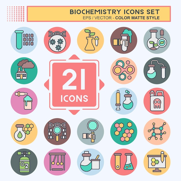 Conjunto de iconos Bioquímica relacionada con el símbolo de bioquímica estilo de color mate diseño simple editable