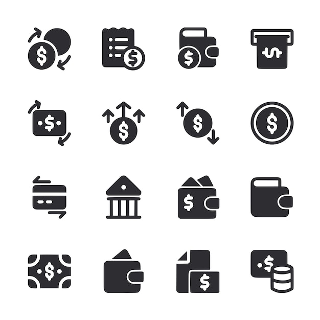 Un conjunto de iconos en blanco y negro para el dinero y las finanzas