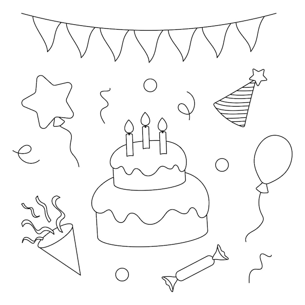 Un conjunto de iconos en blanco y negro editables para un cumpleaños o una fiesta