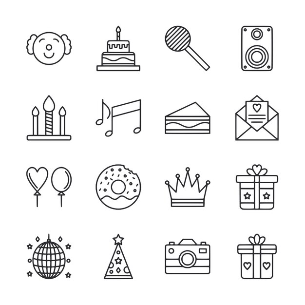 Un conjunto de iconos en blanco y negro para una fiesta de cumpleaños