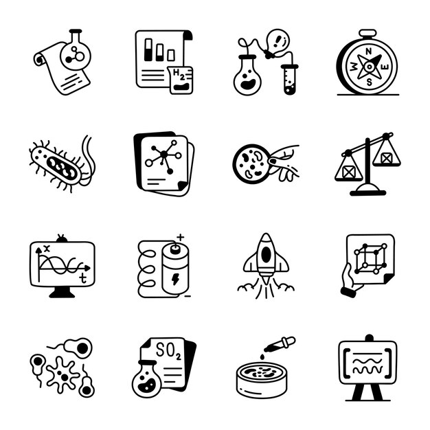 Un conjunto de iconos en blanco y negro para un laboratorio de ciencias.