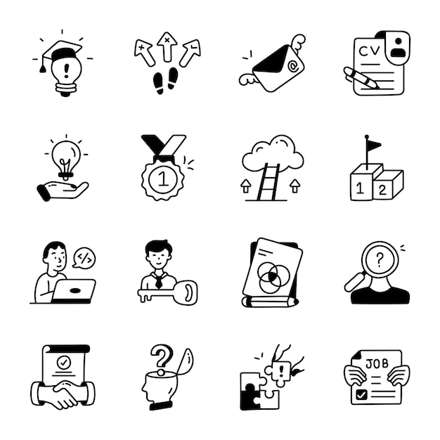 Un conjunto de iconos en blanco y negro para la palabra trabajo.