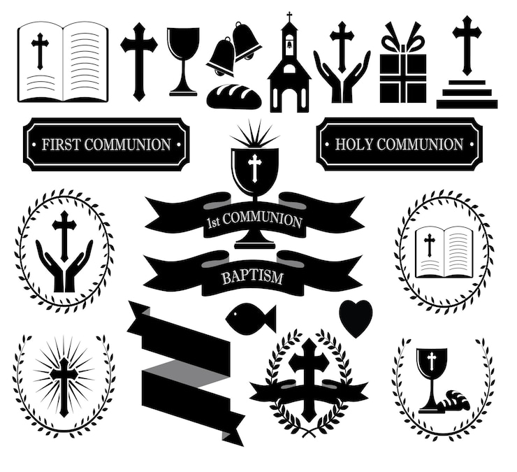 Vector un conjunto de íconos en blanco y negro que incluyen la primera comunión y la primera comunión.