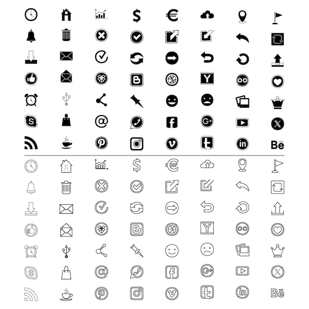 Conjunto de iconos en blanco y negro para redes sociales, negocios y iconas vectoriales de la interfaz de usuario de la web