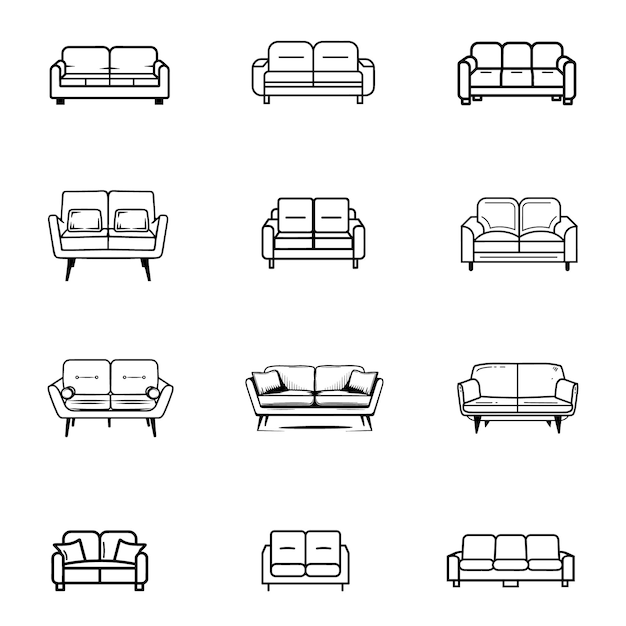 un conjunto de iconos en blanco y negro del sofá