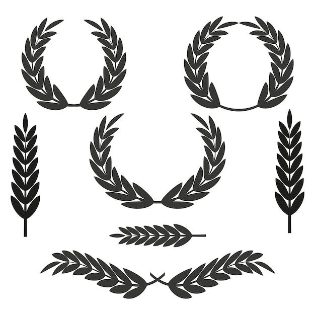 Un conjunto de iconos en blanco y negro con varios diseños de coronas de laurel y tallos de trigo