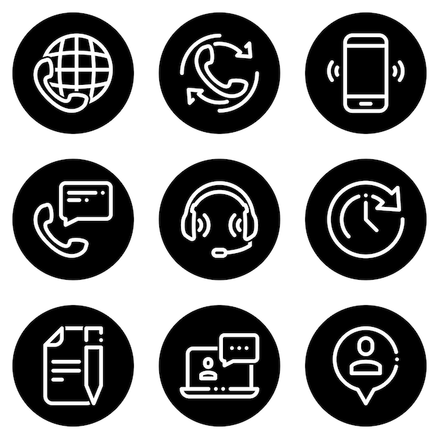 Conjunto de iconos blancos aislados contra un fondo negro en un tema Comunicaciones