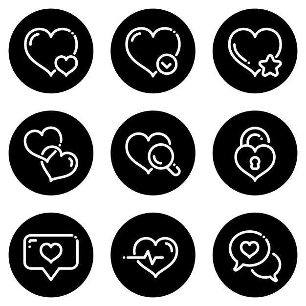Conjunto de iconos blancos aislados contra un fondo negro en un tema corazones