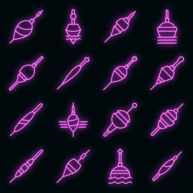 Conjunto de iconos de Bobber. Esquema conjunto de iconos de vector de bobber color neón en negro