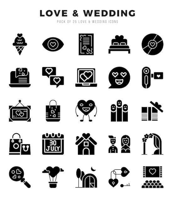 Conjunto de iconos de bodas de amor paquete de iconos sencillos de estilo de arte de glifos