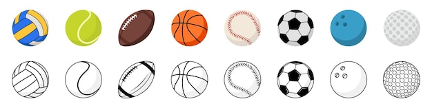 Conjunto de iconos de bolas deportivas Conjunto del equipo deportivo Estilo plano y lineal