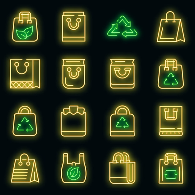 Conjunto de iconos de bolsa ecológica. conjunto de contorno de iconos de vector de bolsa ecológica color neón en negro