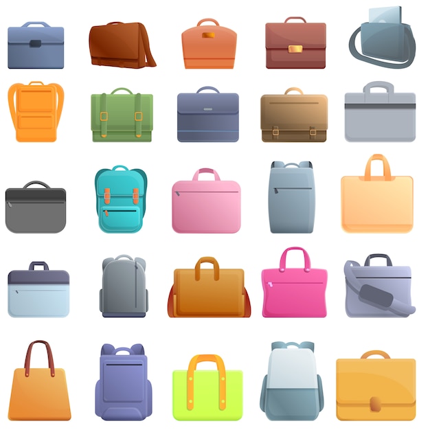 Conjunto de iconos de bolsa de portátil. Conjunto de dibujos animados de iconos de vector de bolsa de portátil