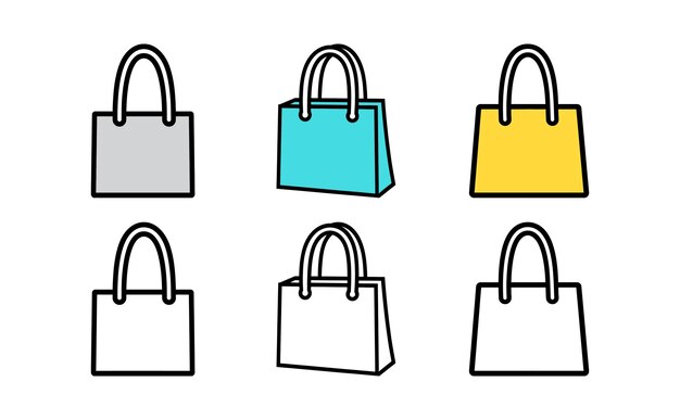 Conjunto de iconos de bolsas de compras de variedad Estilo de contorno gris azul amarillo en fondo blanco