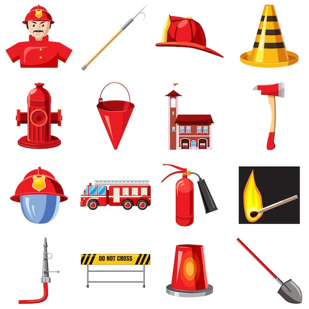 Conjunto de iconos de bomberos, estilo de dibujos animados