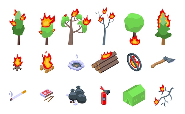 Conjunto de iconos de bosque ardiente. conjunto isométrico de iconos de vector de bosque ardiente para diseño web aislado sobre fondo blanco