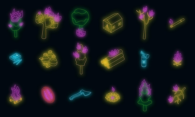 Conjunto de iconos de bosque en llamas neón vectorial