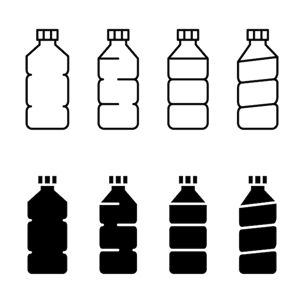 Conjunto de iconos de botella. iconos de contorno y glifo de botellas de plástico. trazo editable. vector