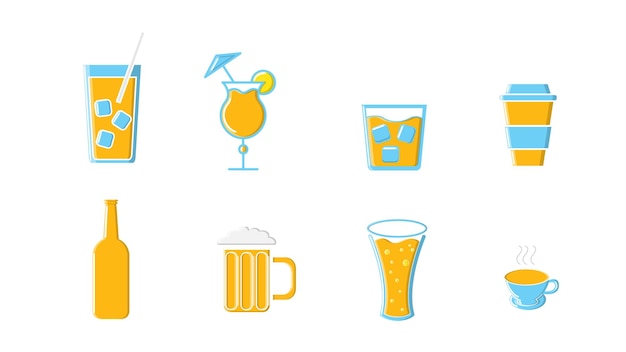 Conjunto de iconos de botellas de bebidas alcohólicas y no alcohólicas y tazas de té, café, cerveza, cócteles