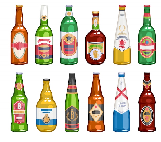 Vector conjunto de iconos de botellas de cerveza.