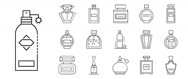 Vector conjunto de iconos de botellas de fragancia, estilo de contorno