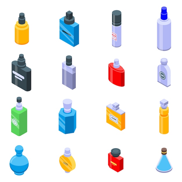 Conjunto de iconos de botellas de fragancia, estilo isométrico