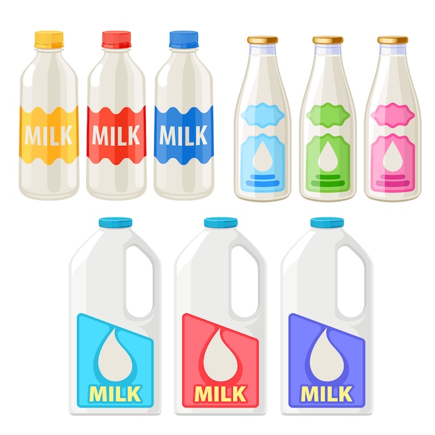 Conjunto de iconos de botellas y jarras de leche.