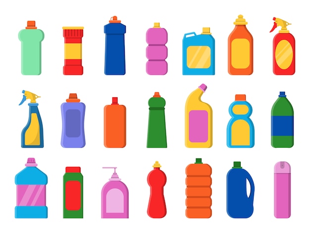 Conjunto de iconos de botellas limpias químicas. Detergente sanitario servicio de lavandería servicio de limpieza antiséptico vector imágenes planas