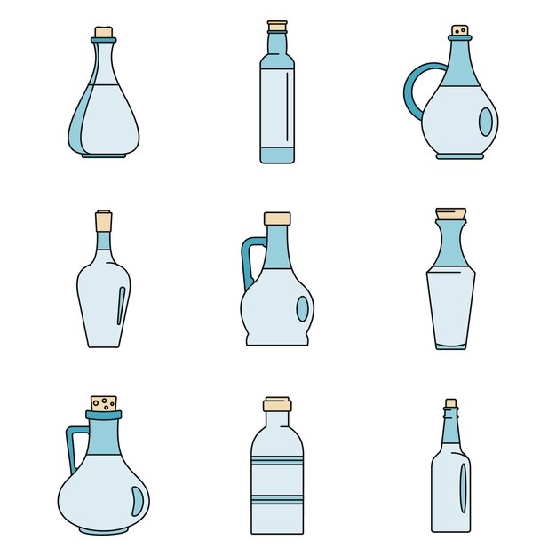 Vector conjunto de iconos de botellas de vinagre ilustración del contorno de 9 iconos de botellas de vinagre de línea delgada de color plano en blanco