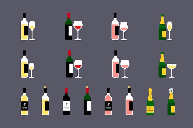 Vector conjunto de iconos de botellas de vino con vasos. ilustración vectorial