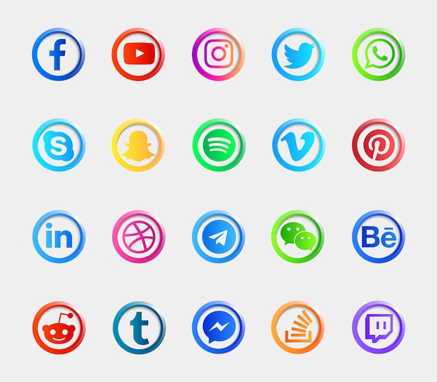 Conjunto de iconos de botones brillantes de logotipo de redes sociales