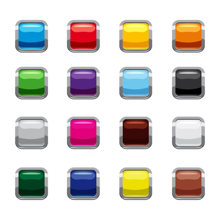Vector conjunto de iconos de botones cuadrados en blanco, estilo de dibujos animados