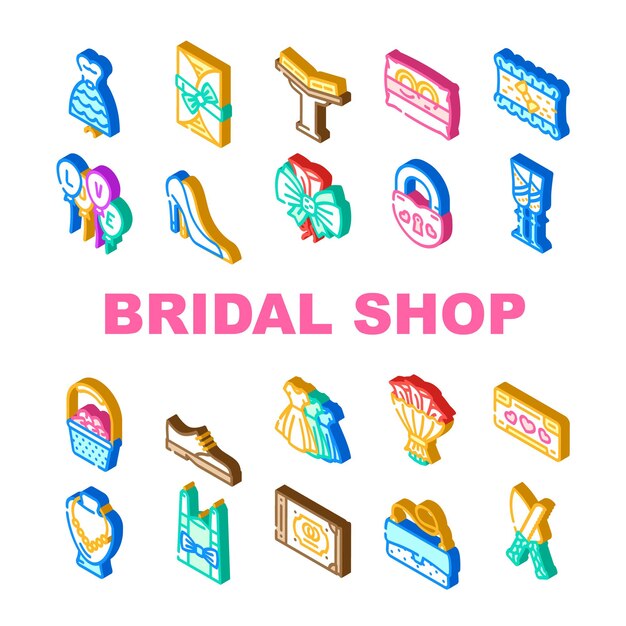 Conjunto de iconos de boutique de moda de tienda nupcial Vestido vectorial para novia y traje para novio Prenda para dama de honor y velas Anillo Álbum de bodas Venta en tienda nupcial Ilustraciones isométricas de color de signo